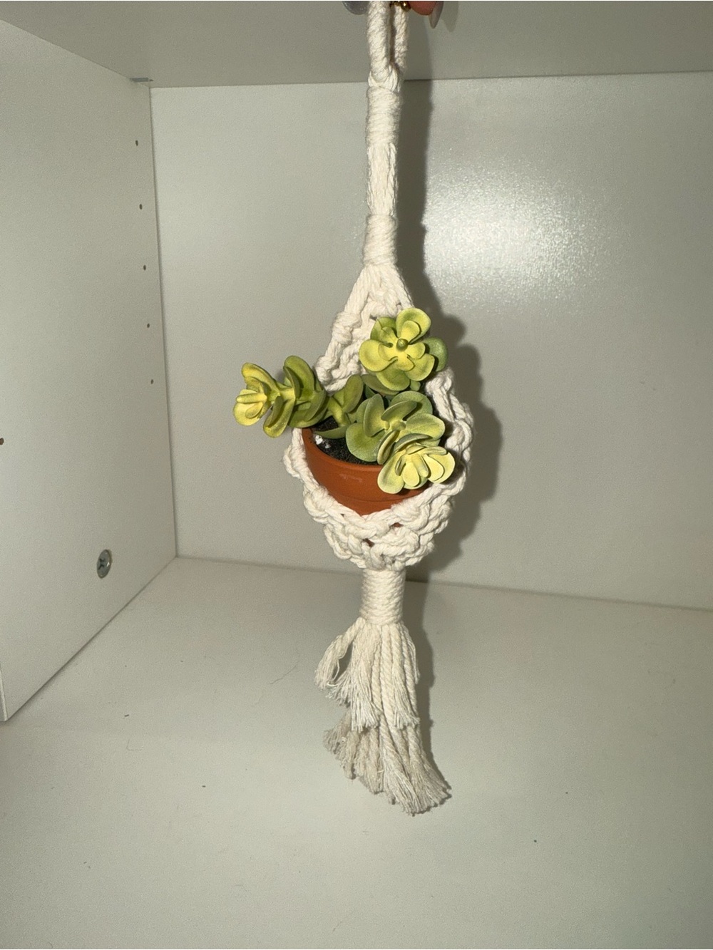Macramé Hanging Plant Holder for Car Mirror in Cream with Faux Succulent
